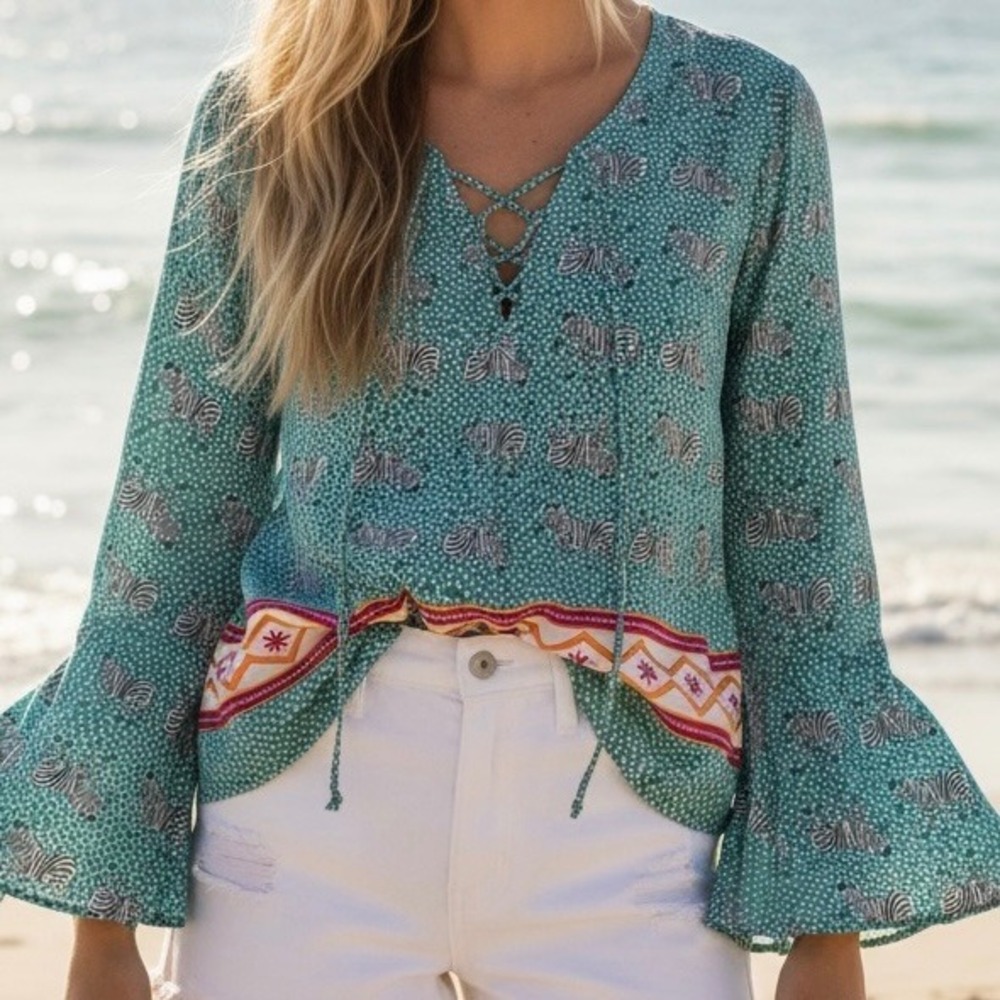 Sugarhill Brighton Teal Zebra Print Lace Up Bell Sleeve Boho Blouse Womens US 6